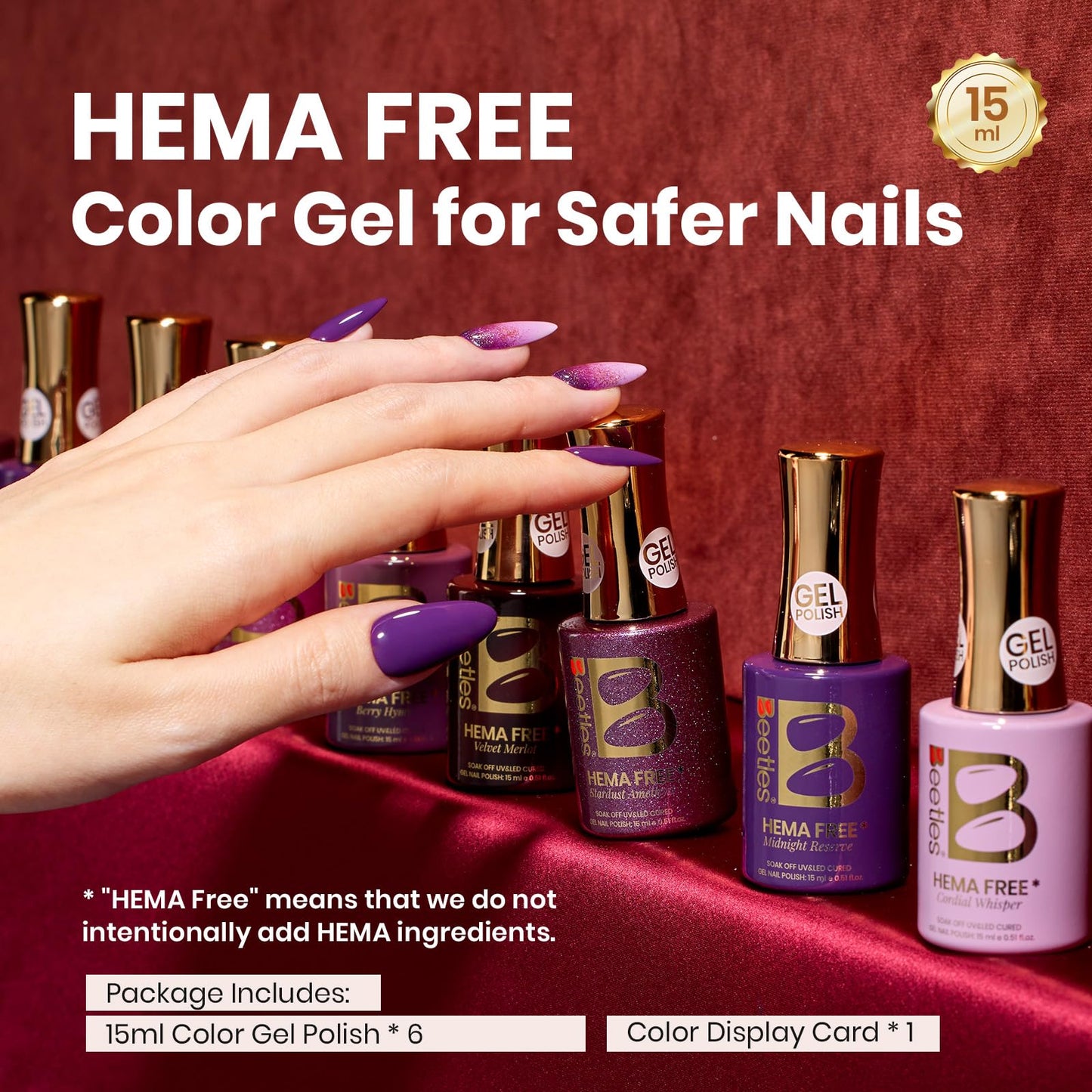 Beetles Purple Gel Polish Set – 6 Colors Cassis Night Collection, HEMA-Free 15ml & Swatch Card