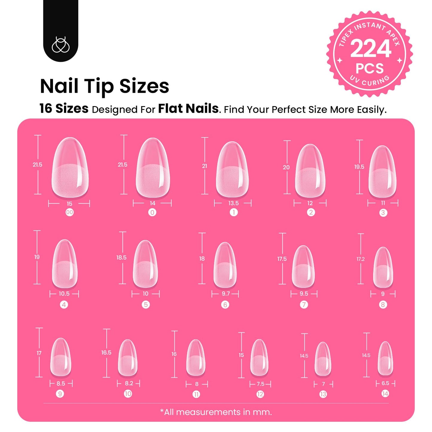 Beetles Tipex Instant Apex Nail Tips Kit – 224 Tips, Oval Short, 16 Sizes, Mini UV Lamp