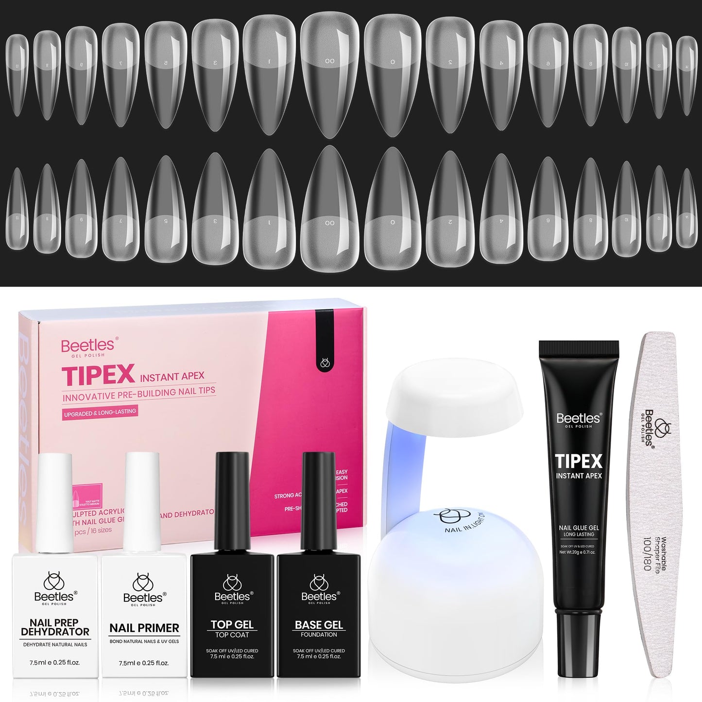 Beetles Tipex Instant Apex Nail Tips Kit – Stiletto Medium, 224 PCS, Pre-Built Tips + Glue & UV Lamp