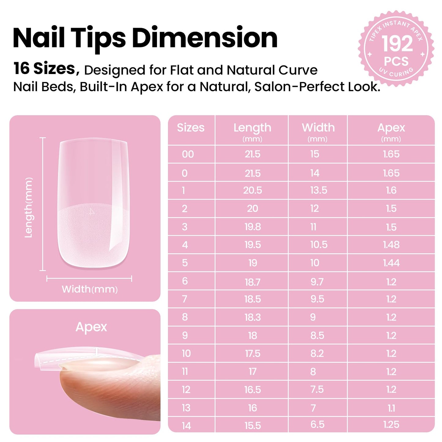 Beetles Tipex Lite Apex Nail Tips Kit – 192pcs, Square Short, UV Glue & Base Top Coat, Mini Lamp