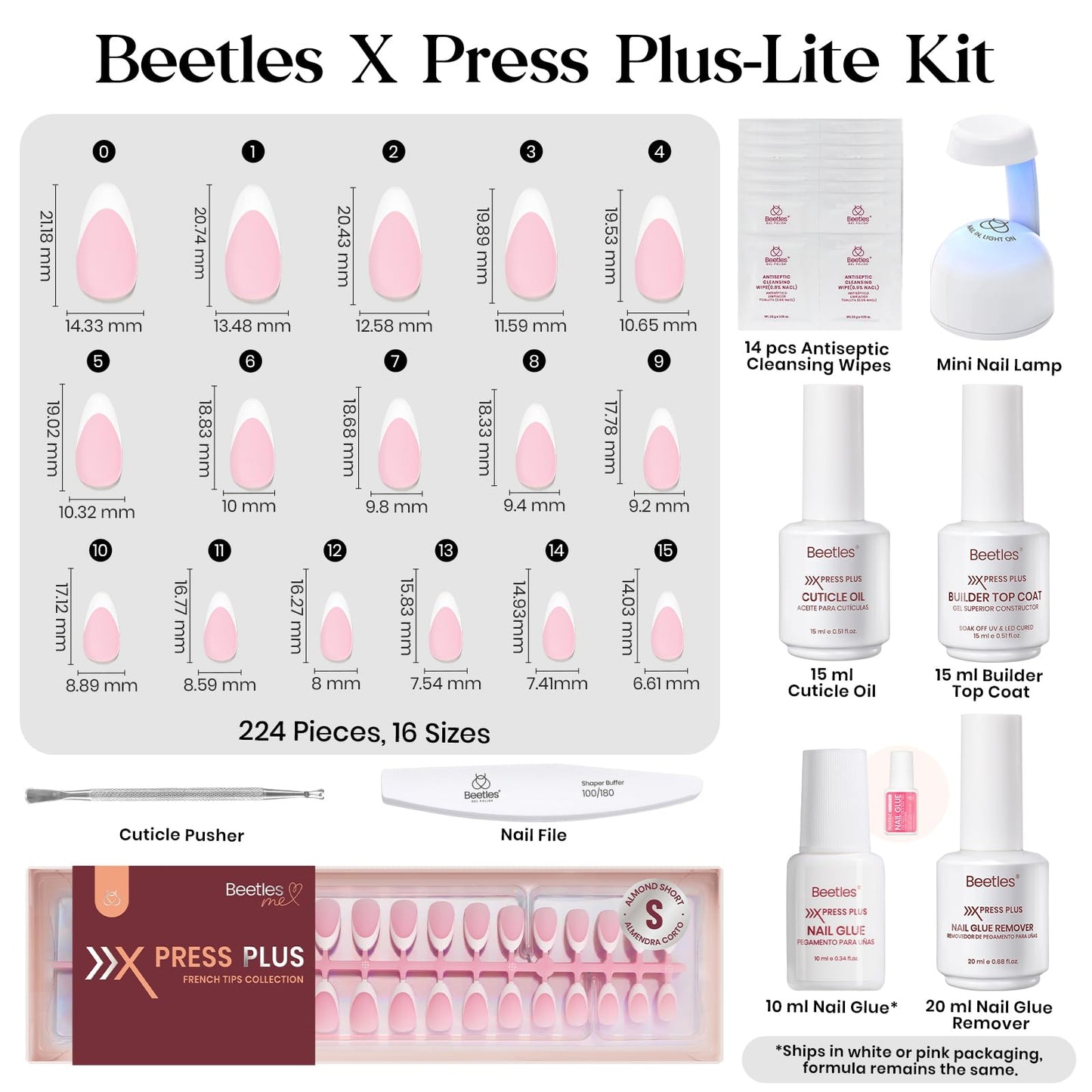 Beetles X Press Kit Gel Nail Kit – Short Almond French Tips, 224 Pcs