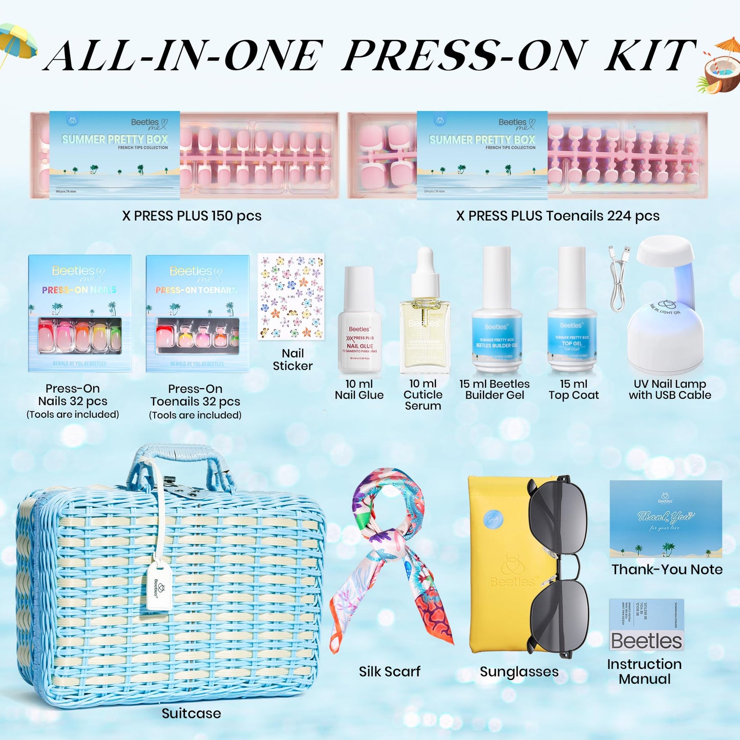 Beetles X Press Plus On Nails Kit Summer Pretty Box – All-In-One Nails Kit with Gels & Tools (2025 Limited Edition)