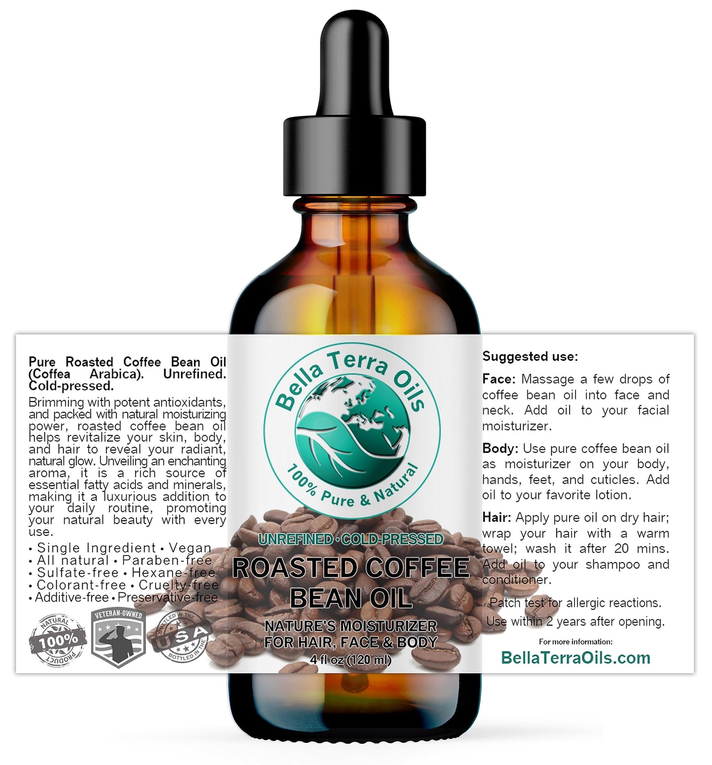 Bella Terra Oils Roasted Coffee Bean Oil – 4 oz | Luxurious Coffee Extract with Essential Fatty Acids