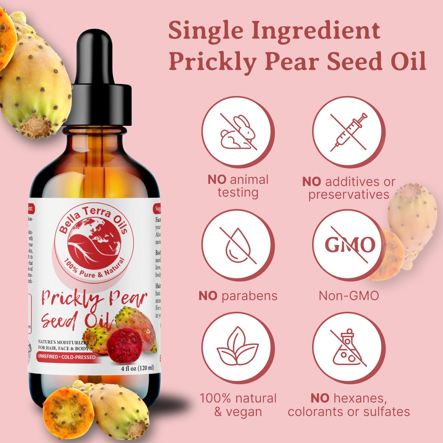 Bella Terra Oils - Prickly Pear Seed Oil 8 oz | Pure Cactus Seed Extract & Vitamin-Rich Skin