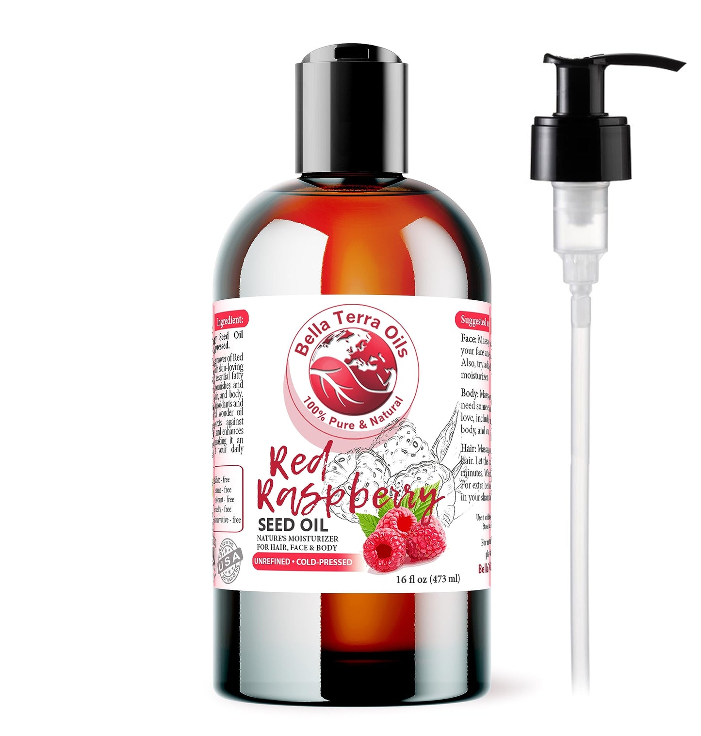 Bella Terra Oils Red Raspberry Seed Oil 16oz | Omega-3 & Vitamin E for Skin