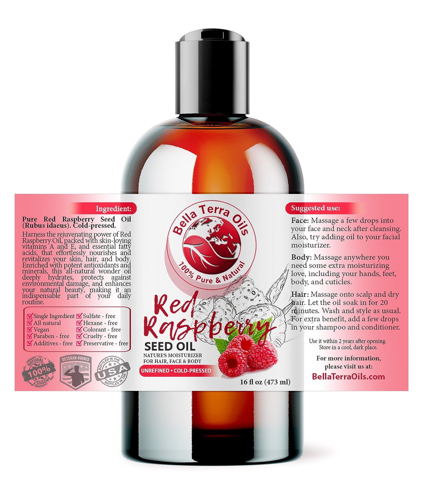 Bella Terra Oils Red Raspberry Seed Oil 16oz | Omega-3 & Vitamin E for Skin