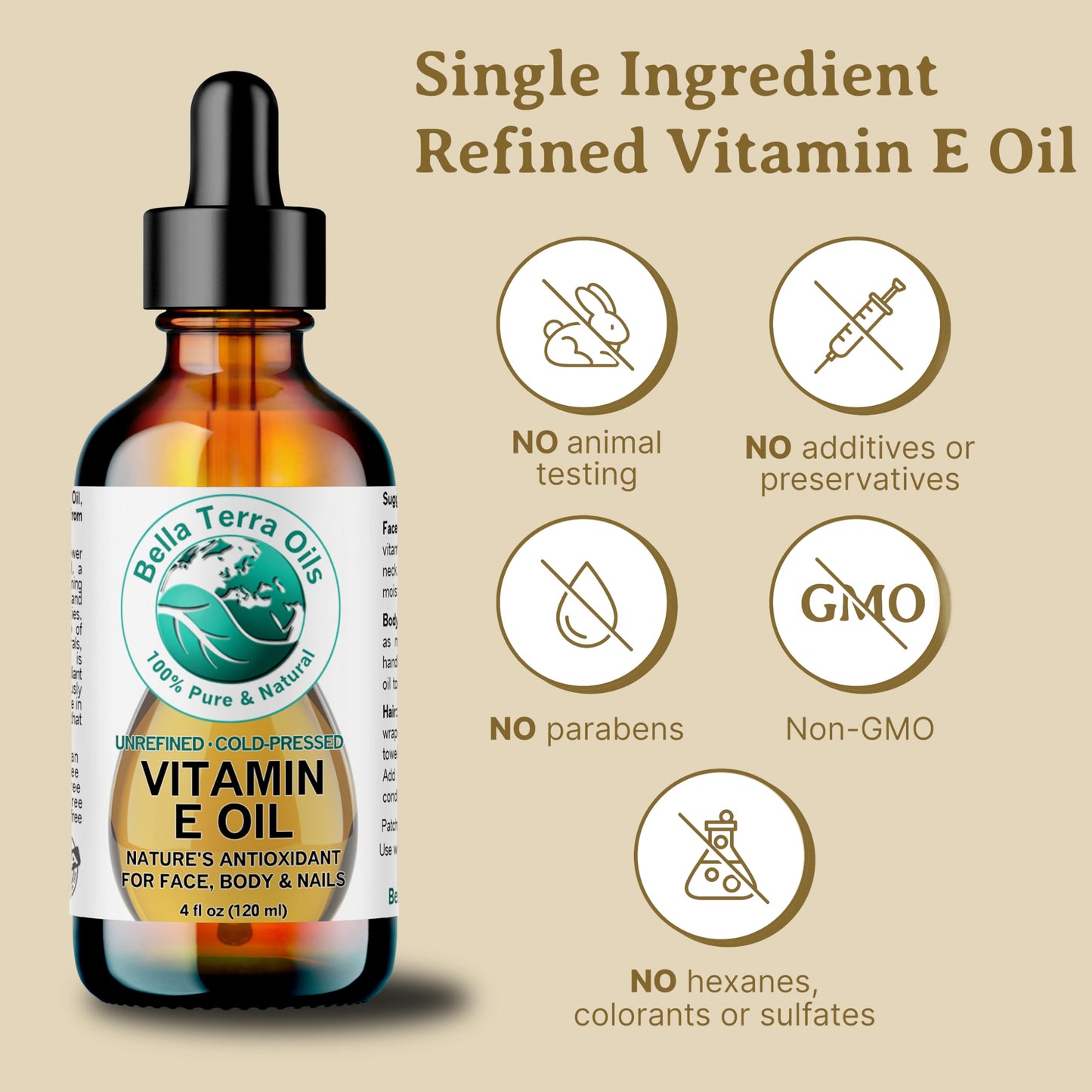 Bella Terra Oils - Organic Vitamin E Oil 8 oz | Wheat Germ Derived Antioxidants for Radiant Skin