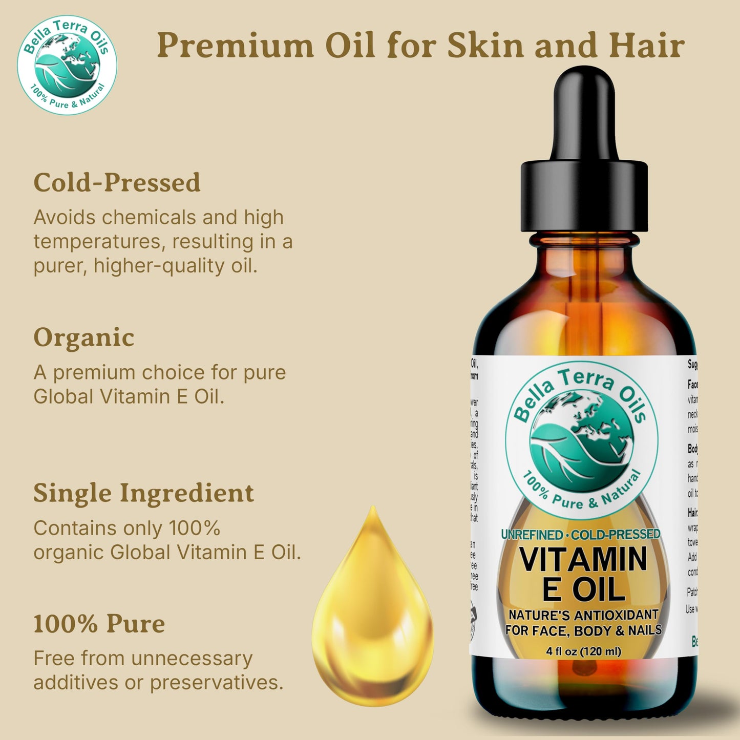 Bella Terra Oils - Organic Vitamin E Oil 8 oz | Wheat Germ Derived Antioxidants for Radiant Skin