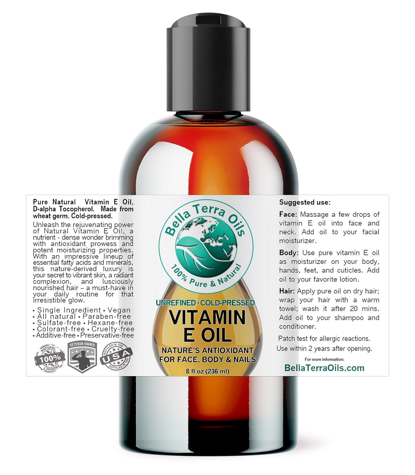 Bella Terra Oils - Organic Vitamin E Oil 8 oz | Wheat Germ Derived Antioxidants for Radiant Skin