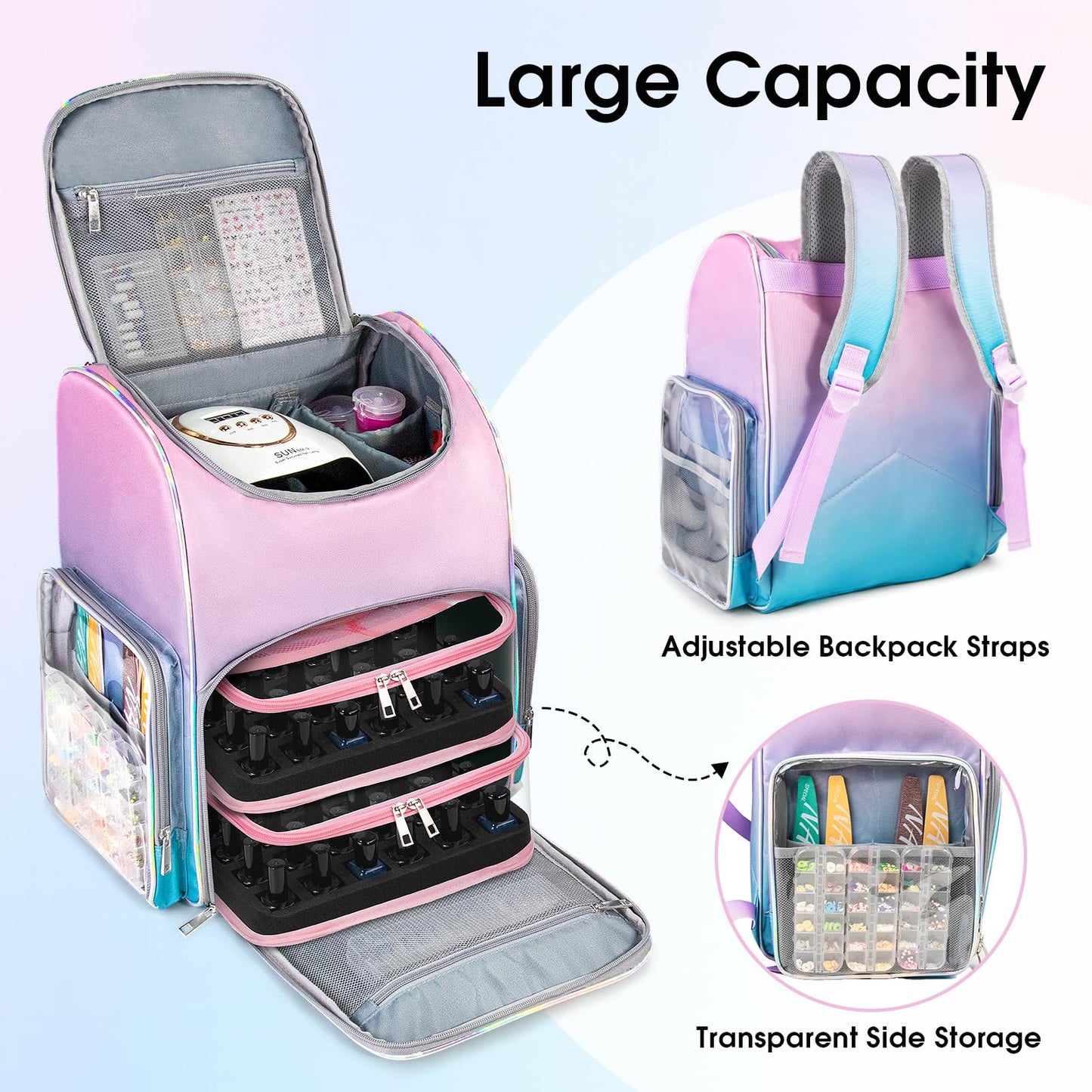 Beloving Nail Polish Organizer Backpack – 60-Bottle Capacity, 2 Removable Cases, UV Lamp Slot