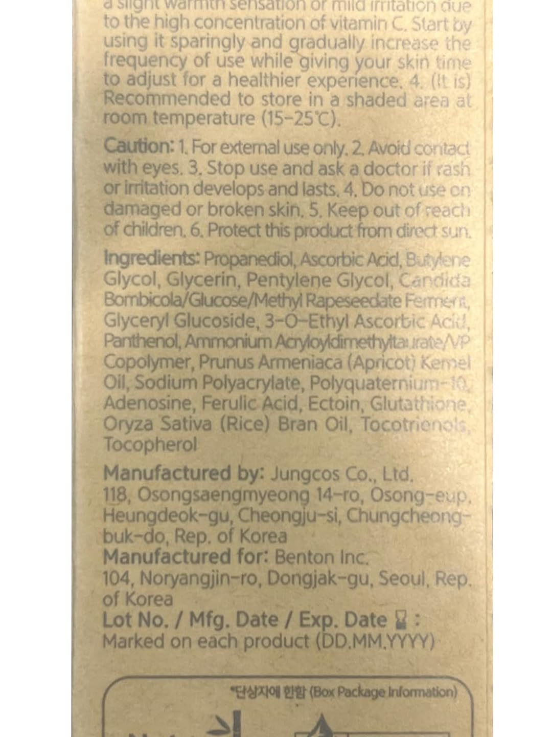 BENTON Vitamin C Serum – 20% Pure Vitamin C, Texture & Elasticity Care, All Skin Types, 1.01 fl oz