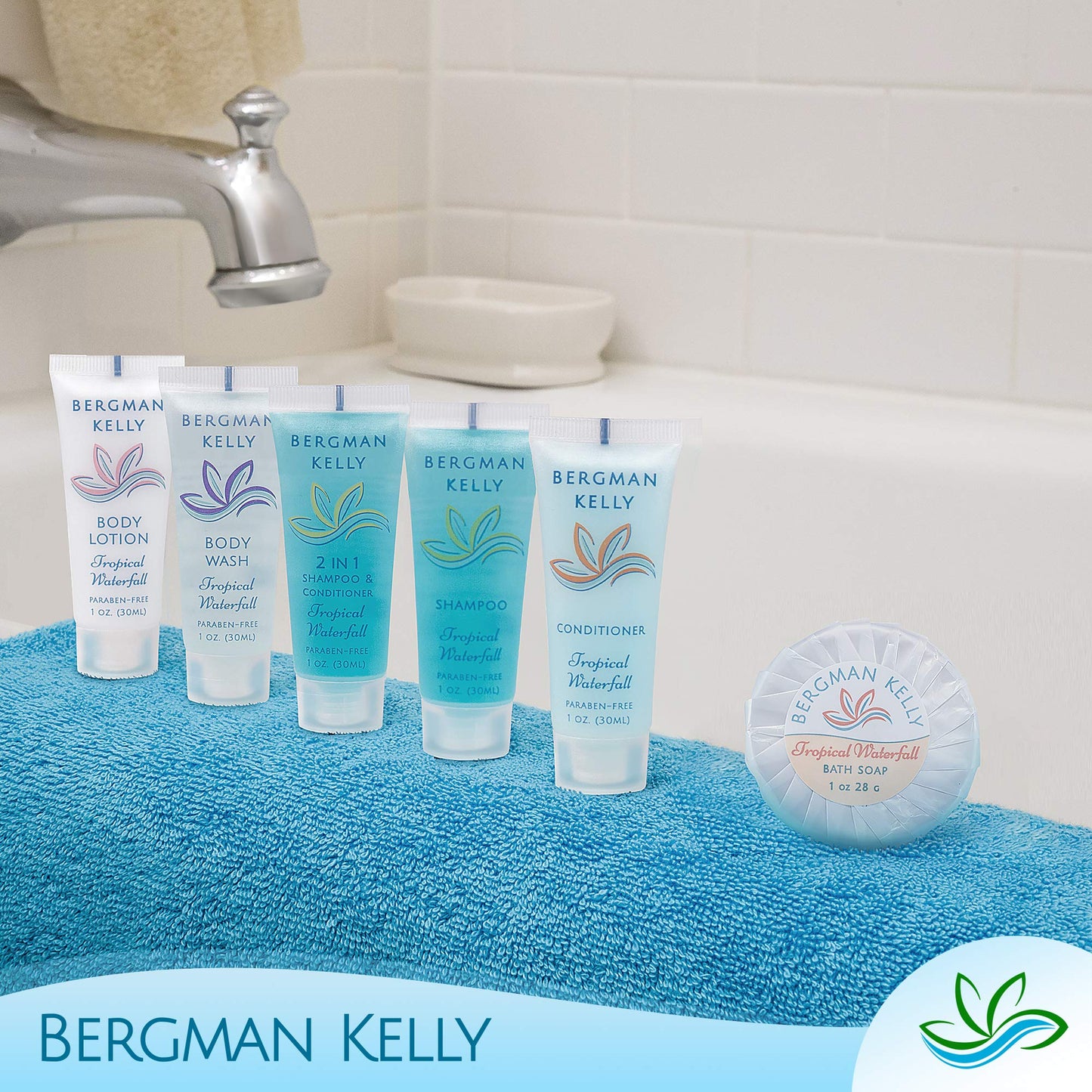BERGMAN KELLY Hotel Toiletries Bundle – Tropical Waterfall, 1oz Each, 100-Piece Bulk Set (Soap, Shampoo, Conditioner, Lotion)