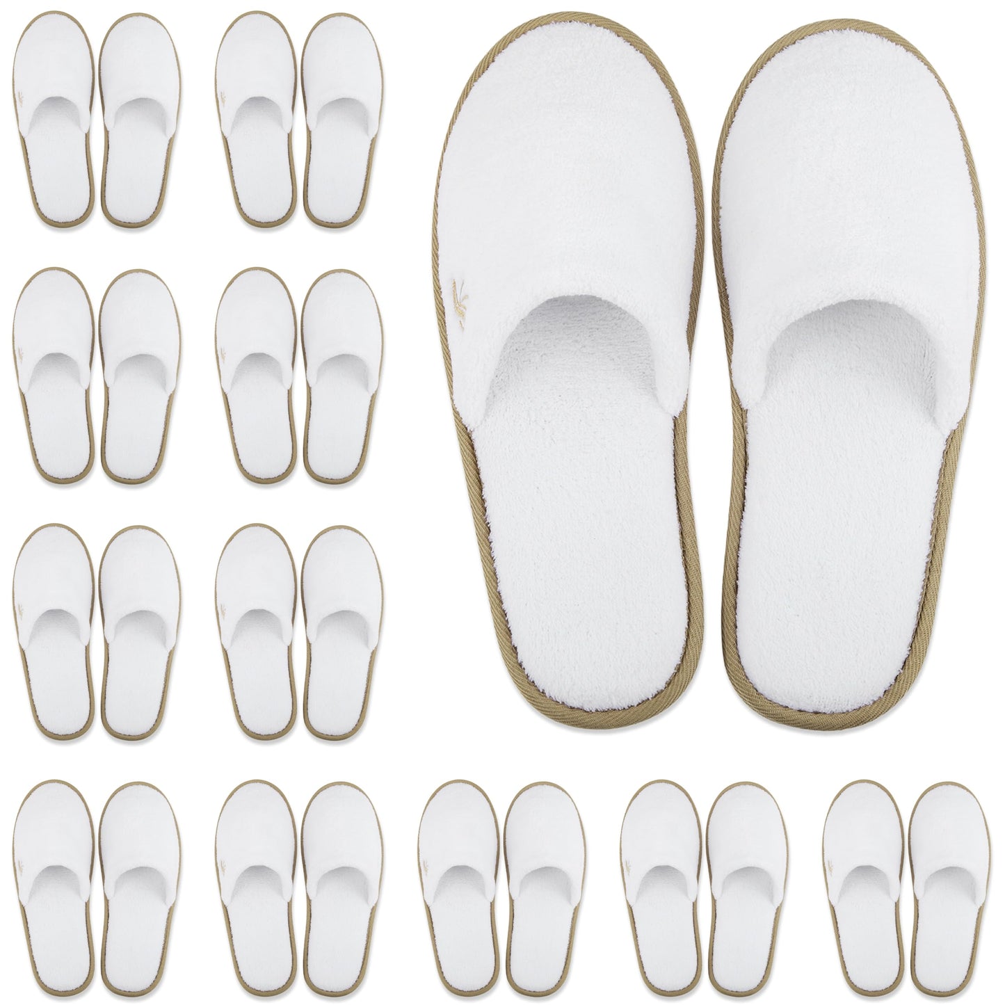 BERGMAN KELLY Spa Slippers – Closed Toe, 12 Pairs, White + Cocoa Trim, Deluxe Padded Sole