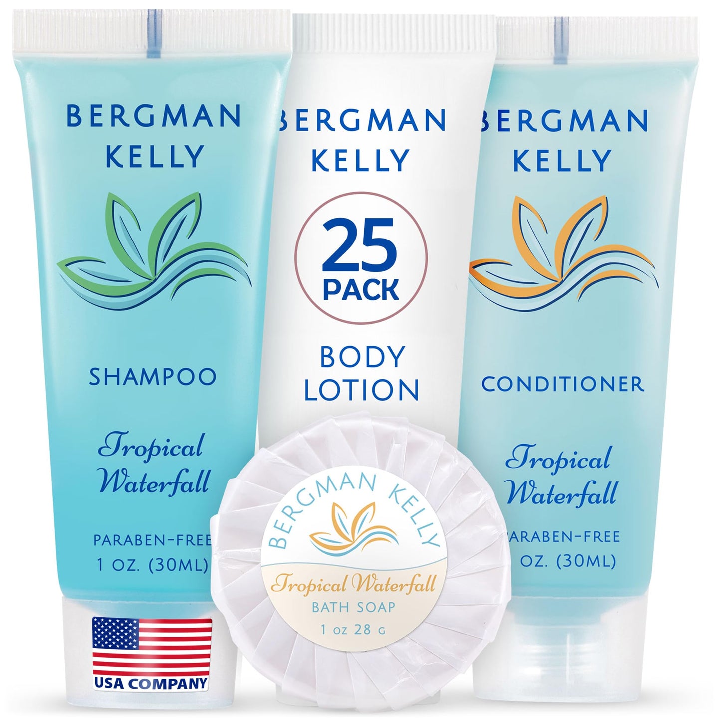BERGMAN KELLY Hotel Toiletries Bundle – Tropical Waterfall, 1oz Each, 100-Piece Bulk Set (Soap, Shampoo, Conditioner, Lotion)