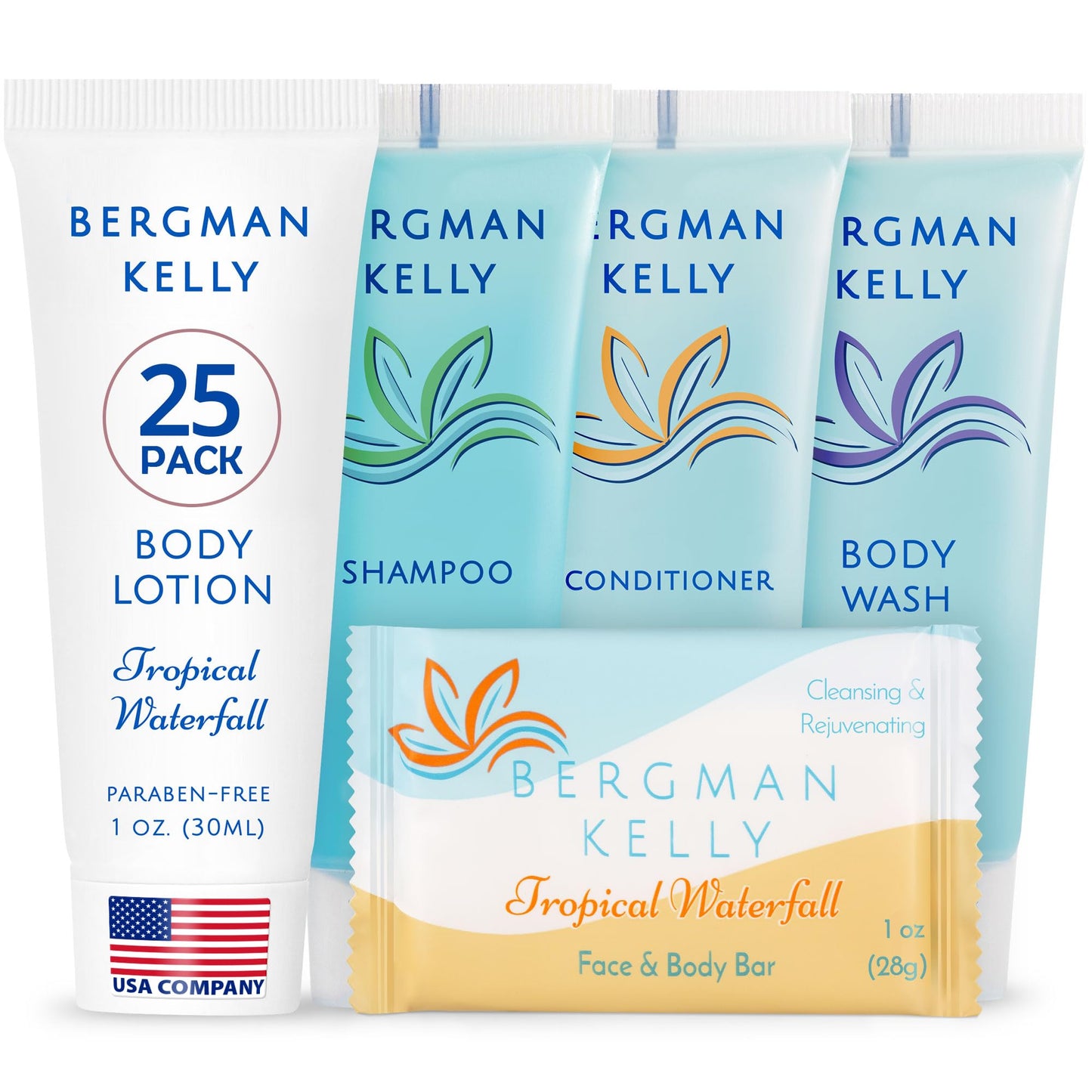 BERGMAN KELLY Hotel Toiletries Bundle – Tropical Waterfall, 1 oz Each, 125 Pieces | 5-Piece Set