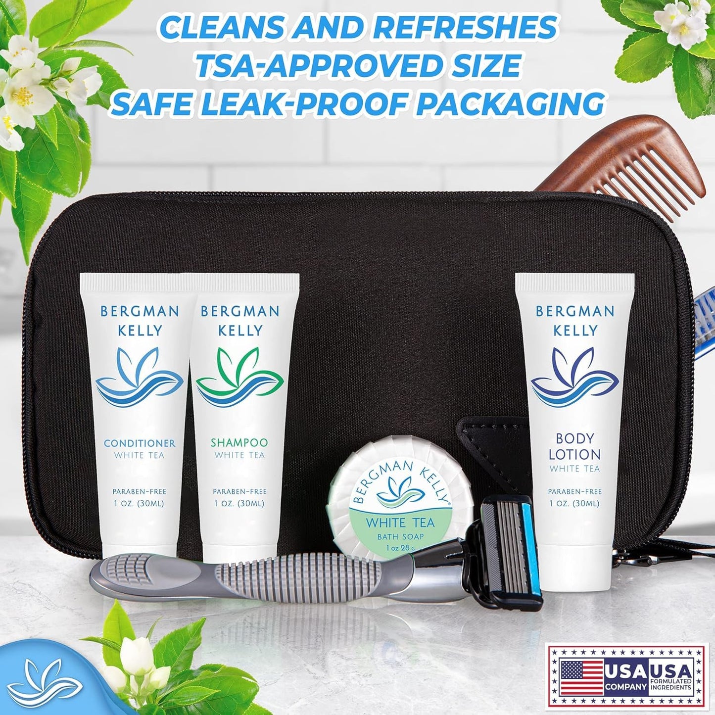 BERGMAN KELLY Hotel Toiletries Bundle – White Tea, 1oz Each, 125 Pieces (5-Piece Set)