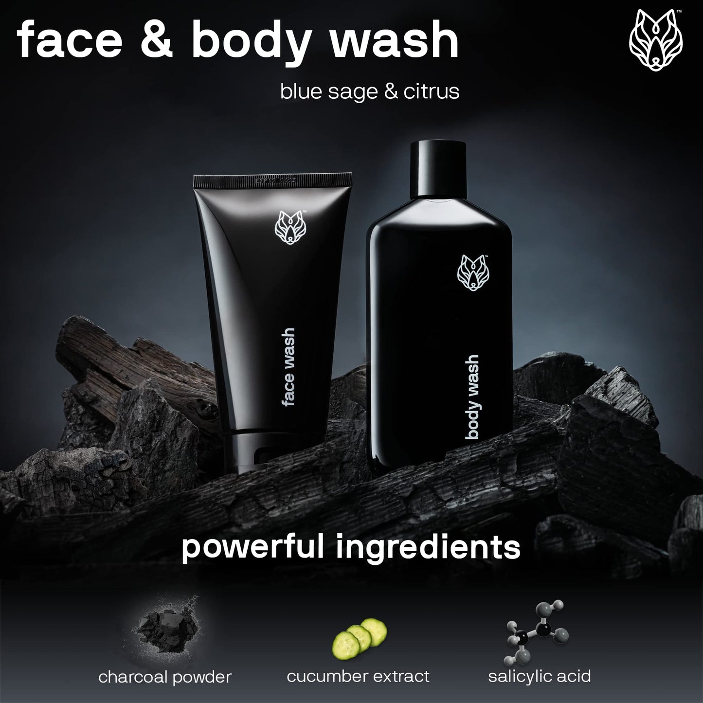 Black Wolf Charcoal Face & Body Wash Bundle for Oily Skin – 2pc Gift Set