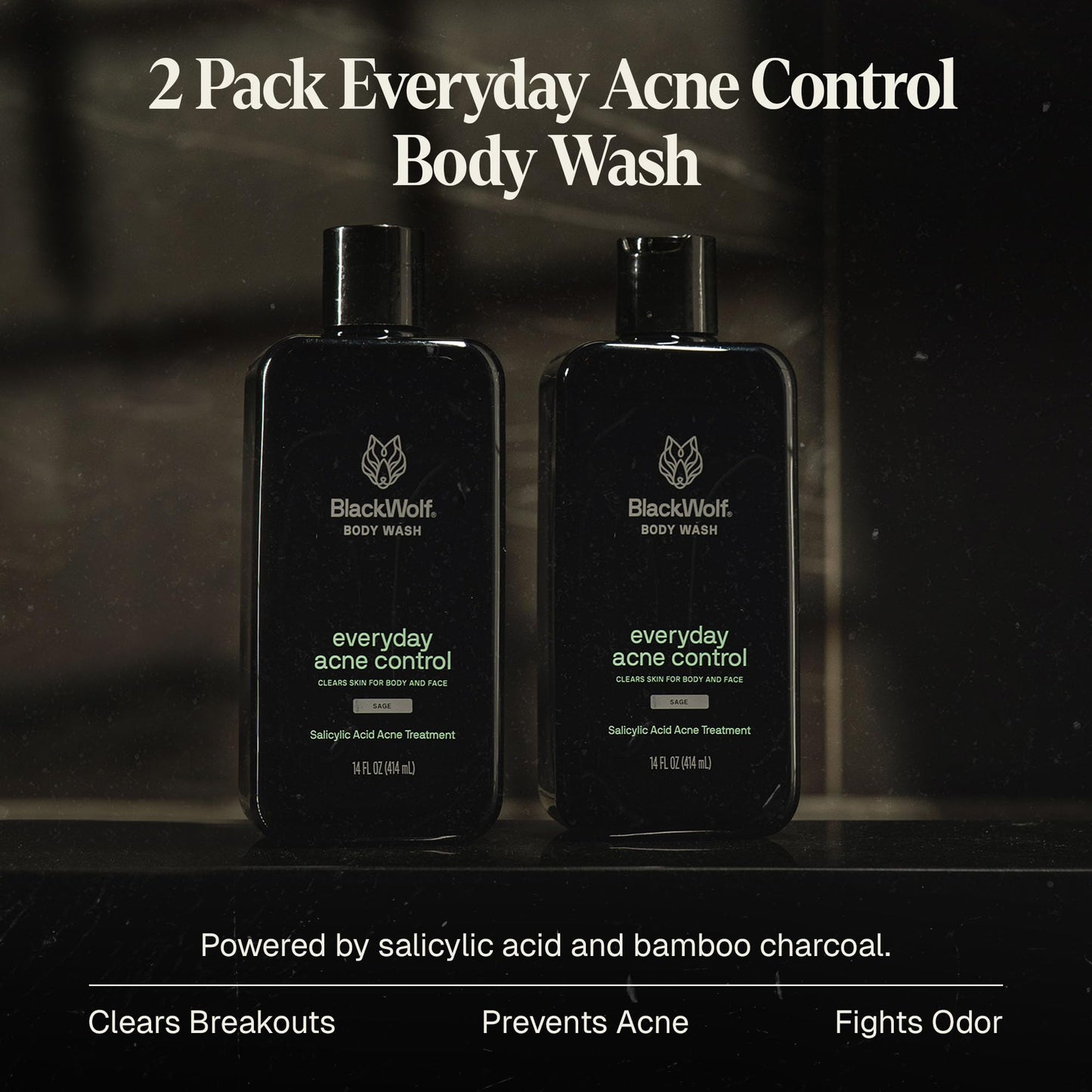 Black Wolf Salicylic Acid Body Wash for Men – Charcoal, 2-Pack (10 oz each)