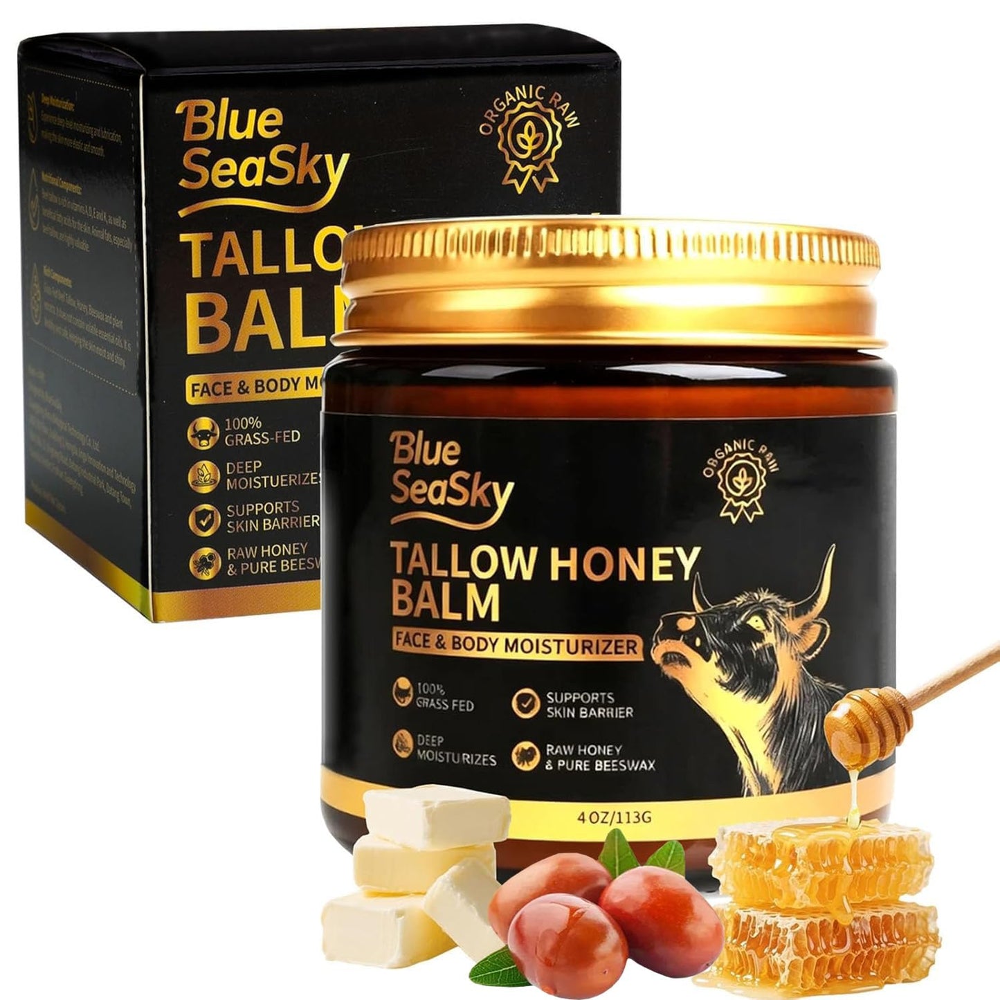 Blue Sea Sky Organic Beef Tallow for Skin – Grass-Fed Tallow Balm with Raw Honey & Jojoba Oil (4 oz, Unscented)