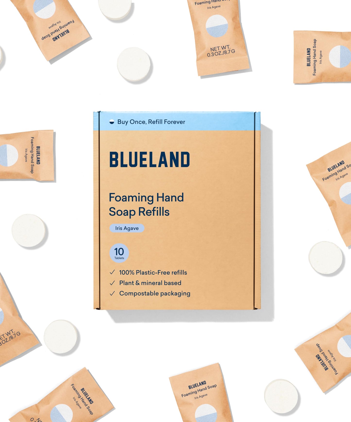 BLUELAND Foaming Hand Soap Refill Tablets – Iris Agave Scent, 10-Pack (9 oz per Tablet) | Eco-Friendly