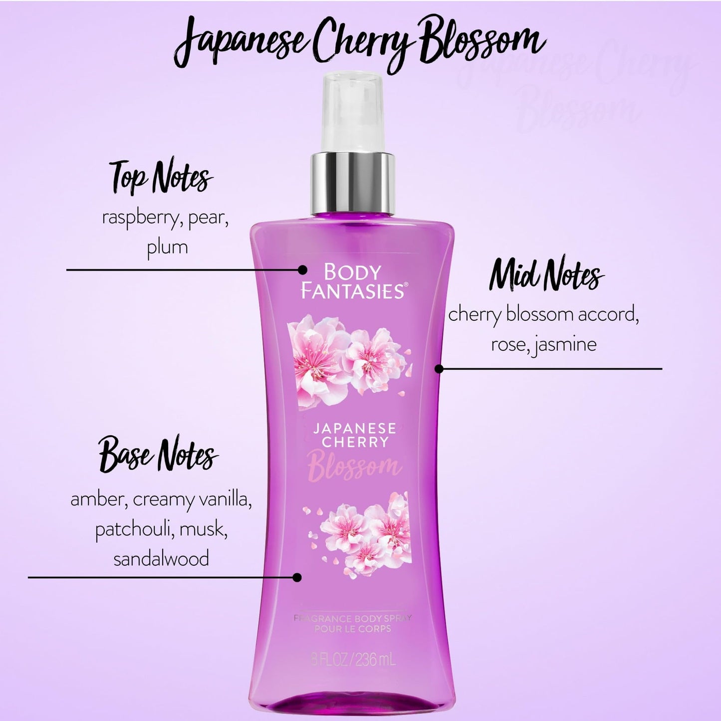 Body Fantasies Japanese Cherry Blossom Body Spray – Pack of 3 (8 oz Each)