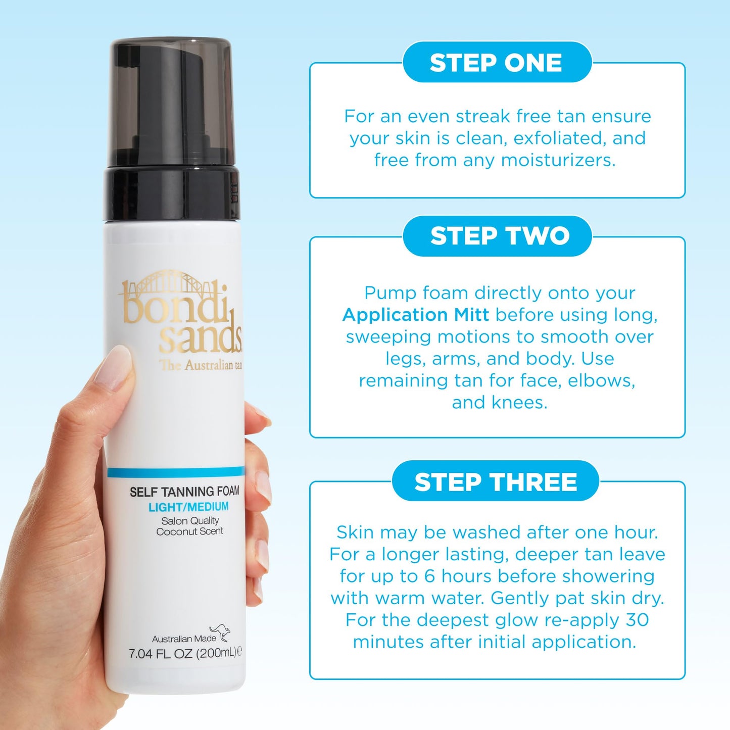 Bondi Sands Light/Medium Self Tanning Foam + Reusable Application Mitt — Flawless, Streak-Free Bronze
