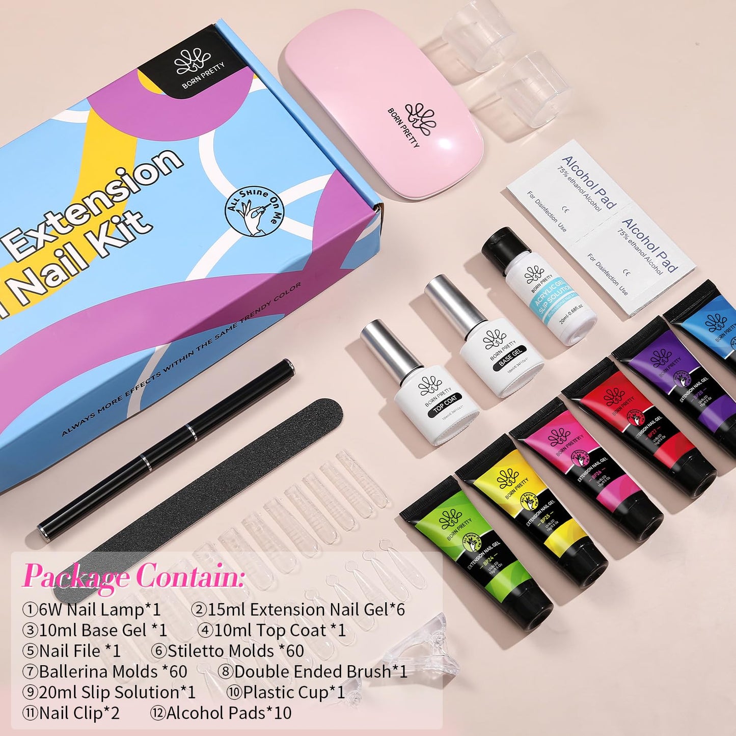 Born Pretty Neon Extension Nail Gel Kit – 6 Colors, All-In-One Set with Nail Lamp
