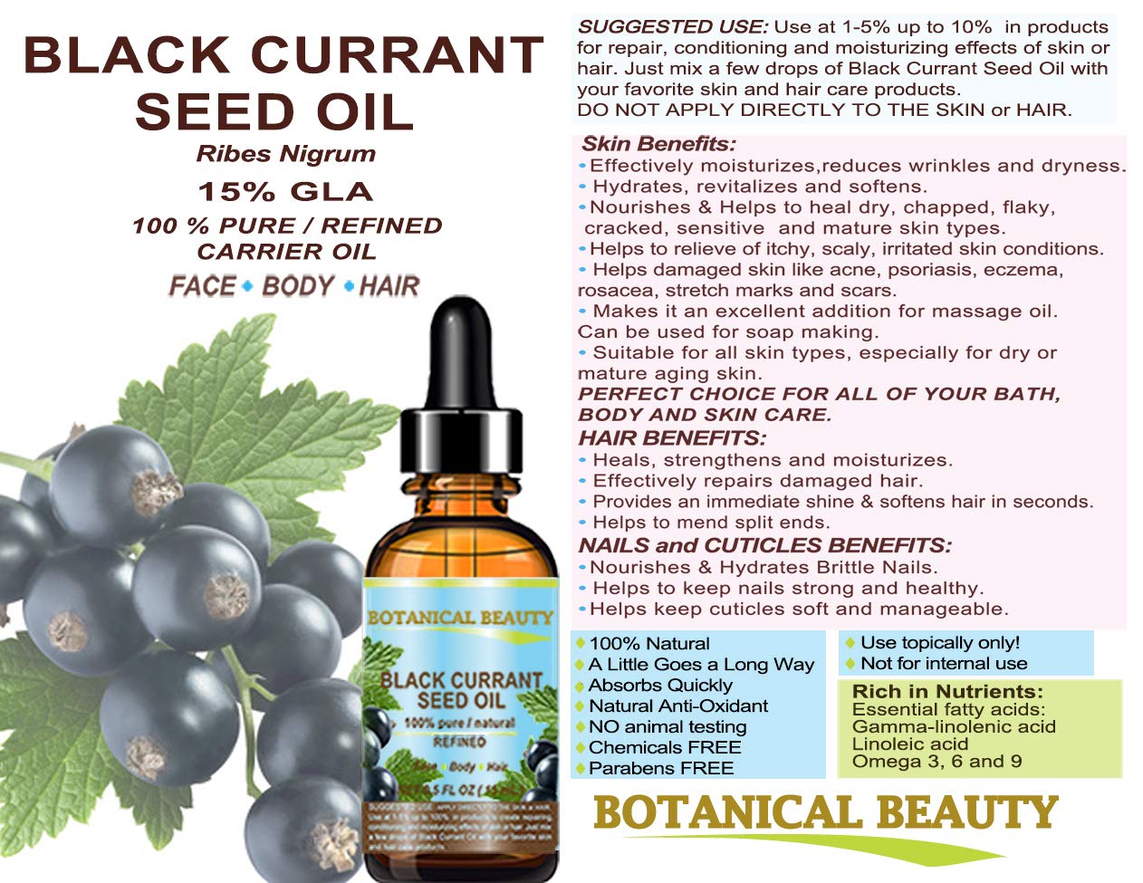 Botanical Beauty Black Currant Seed Oil — 100% Pure Cold-Pressed Carrier Oil for Skin, Hair, Lip & Nails (4 Oz)