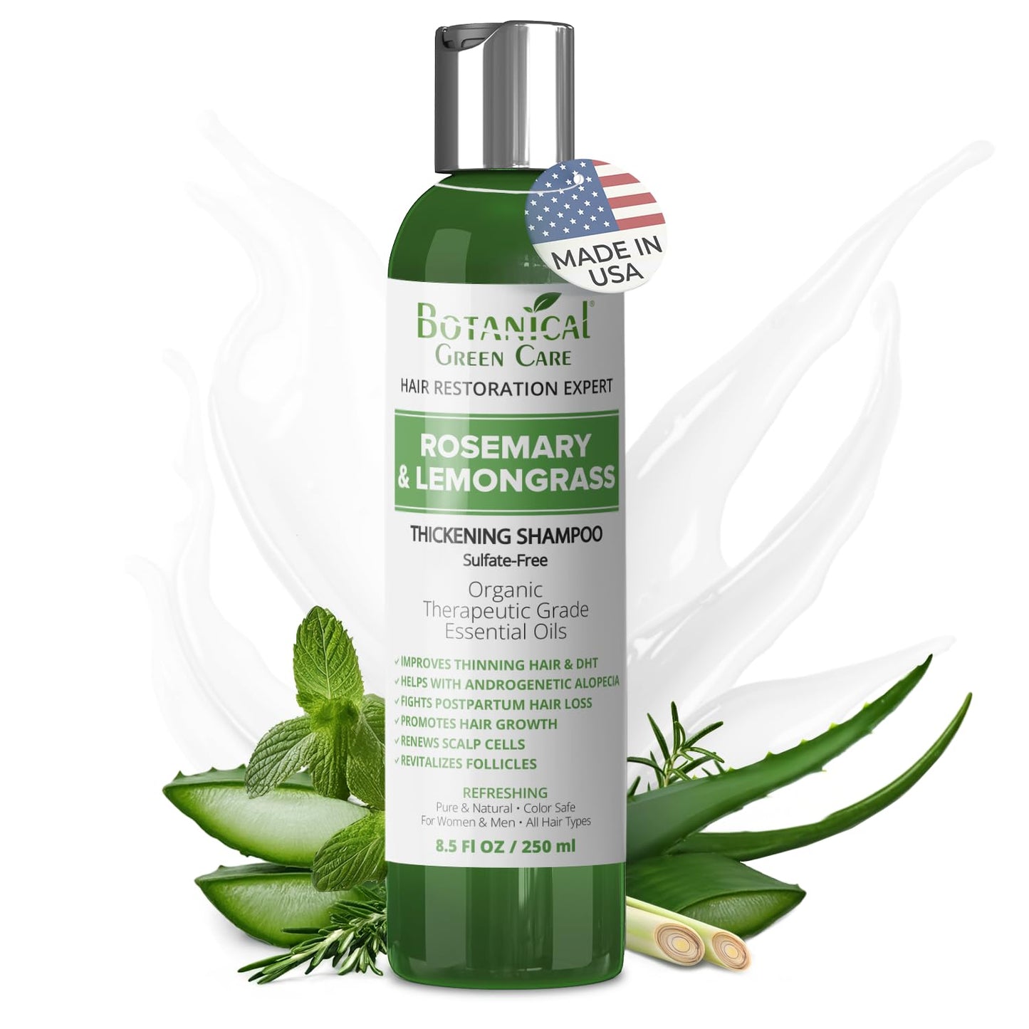 Botanical Green Care Rosemary & Lemongrass Shampoo – Hair Growth & Thickening, USA Made