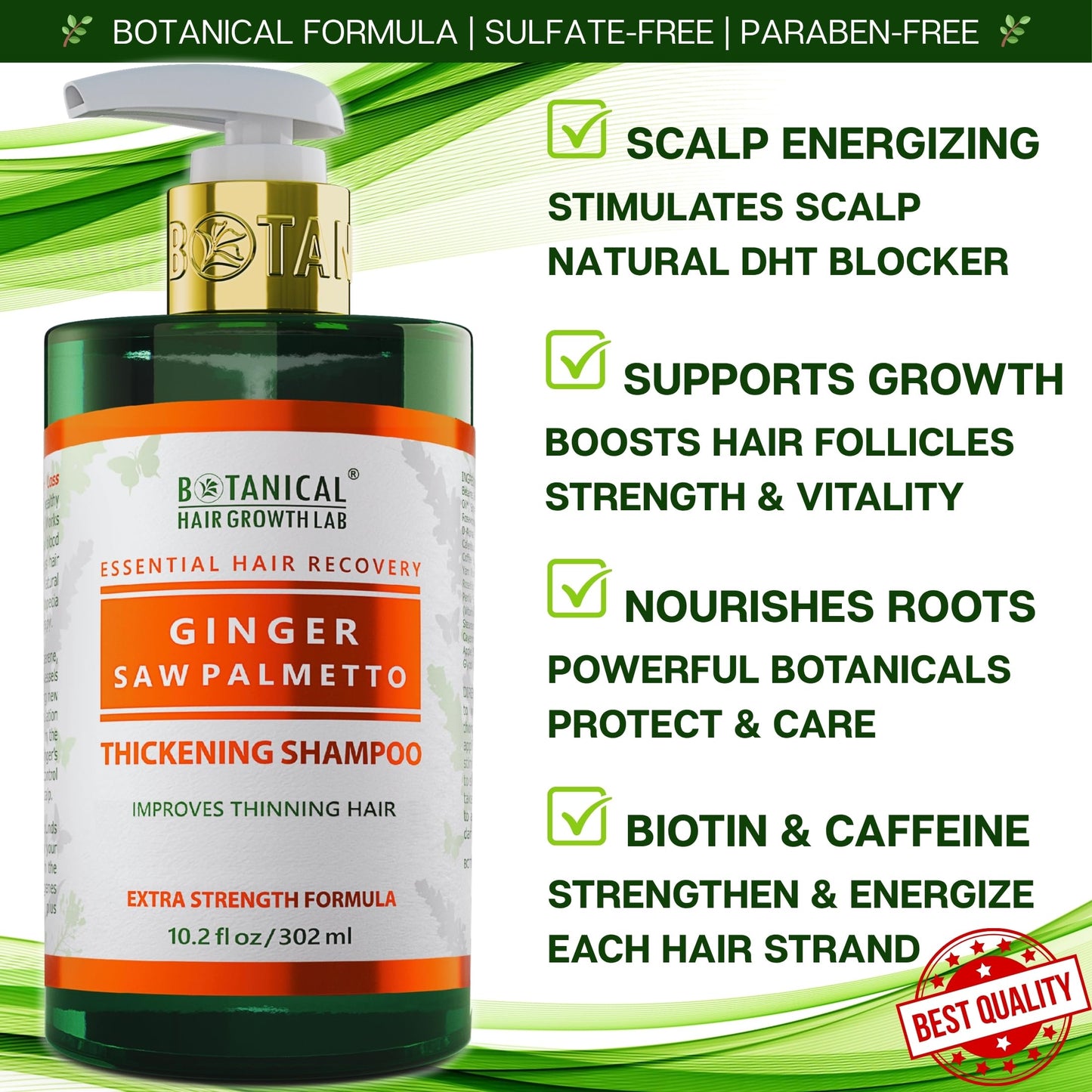 Botanical Hair Growth Shampoo with Ginger & Saw Palmetto – Thickening & Scalp Stimulation (10.2 fl oz) | BOTANICAL HAIR GROWTH LAB