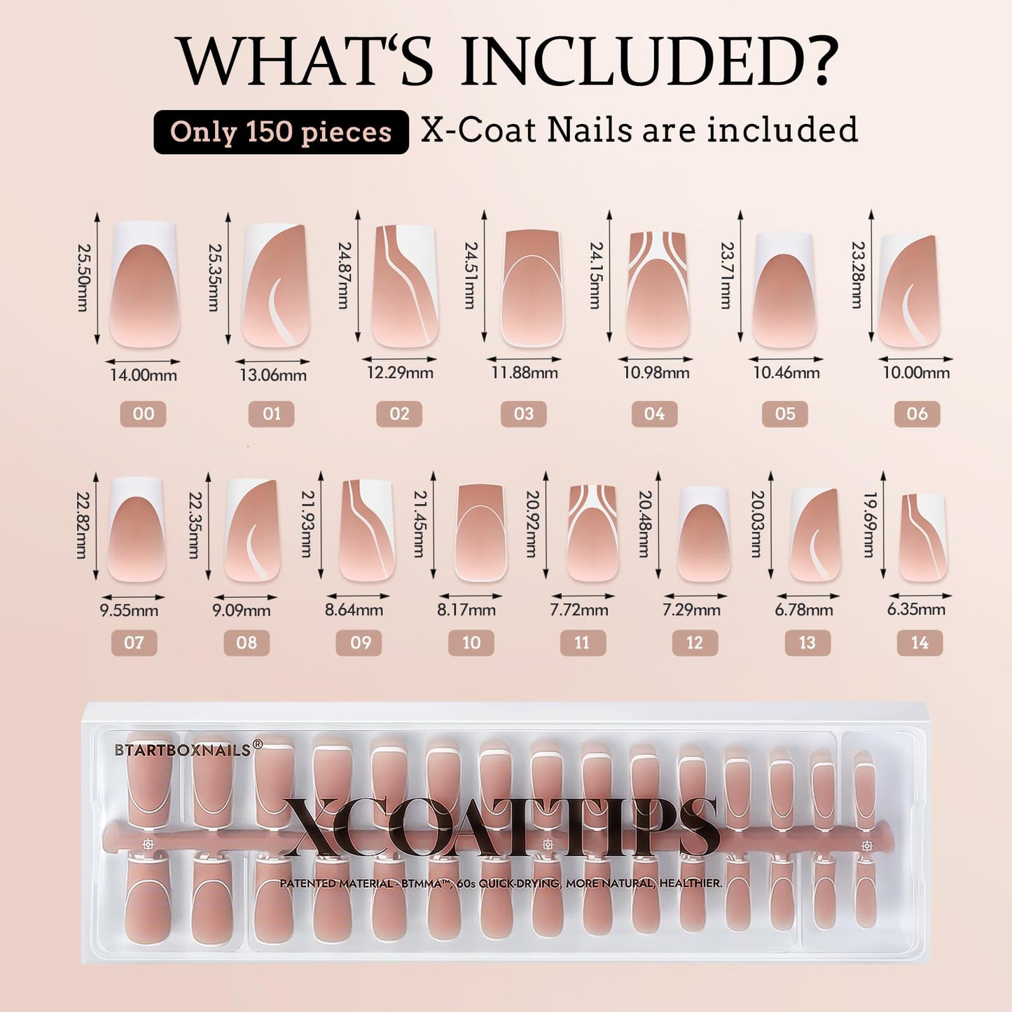 BTArtbox French Tip Press-On Nails with XCOATTIPS – 5 Styles, Short Coffin, 150pcs