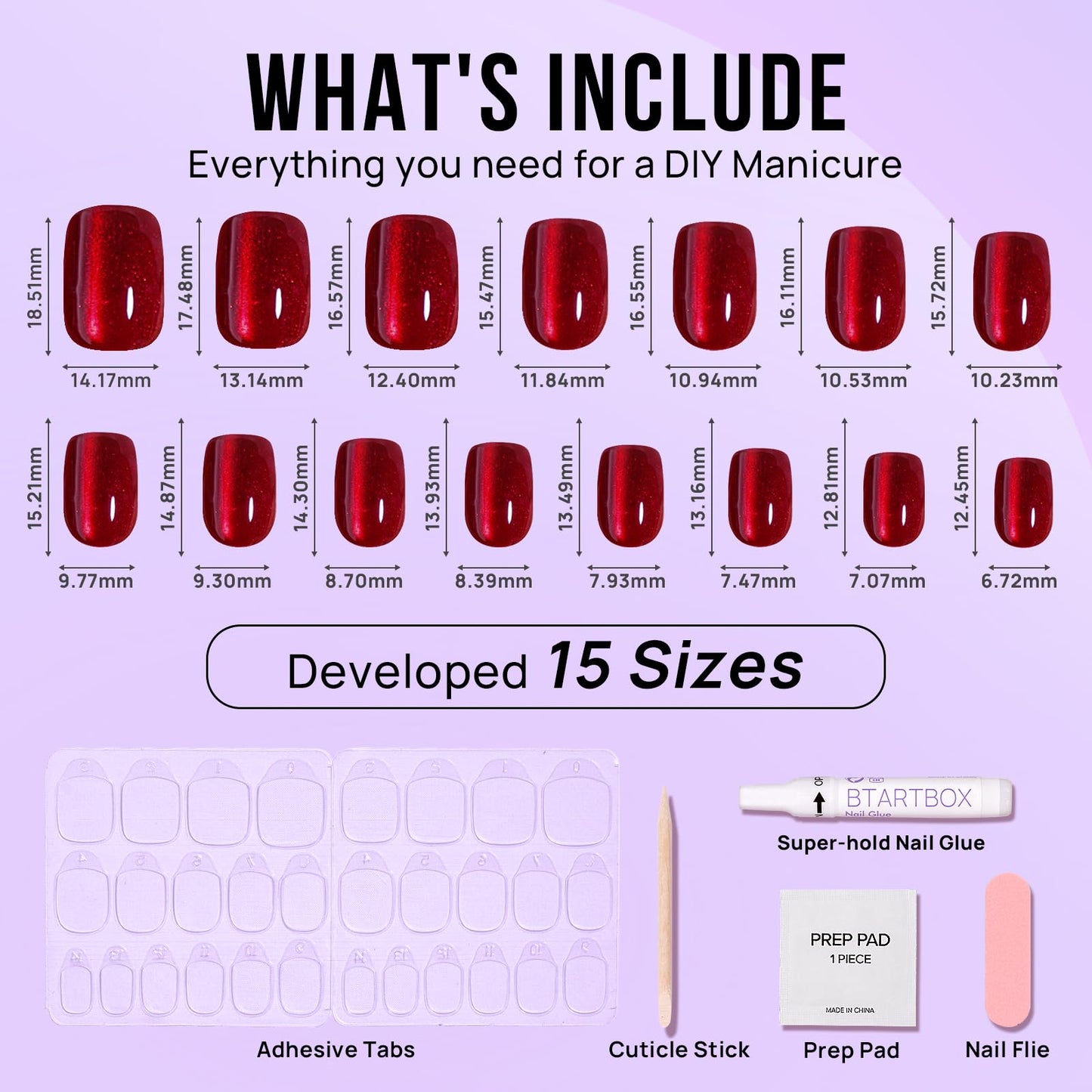 BTArtbox Press On Nails Red Cat Eye – Glossy Square Nails Kit, 30 Nails, 15 Sizes, Glue Included