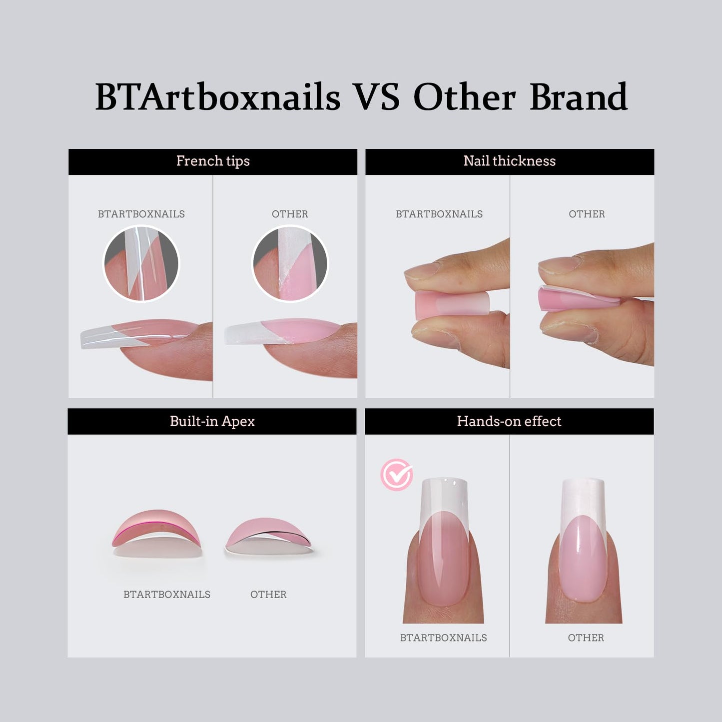 BTArtbox French Tip Press-On Nails with XCOATTIPS – 5 Styles, Short Coffin, 150pcs