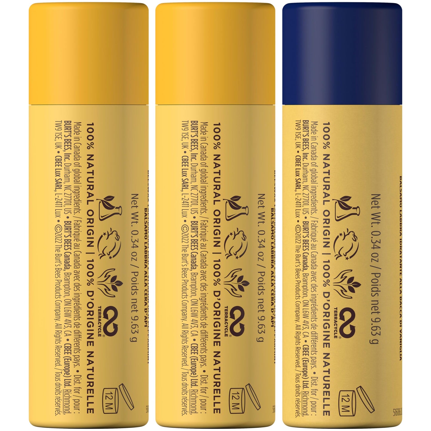 Burt's Bees Moisturizing Lip Balm Pack – Vanilla Bean & Original Beeswax, 0.34 oz Each (3 Paper Tubes)