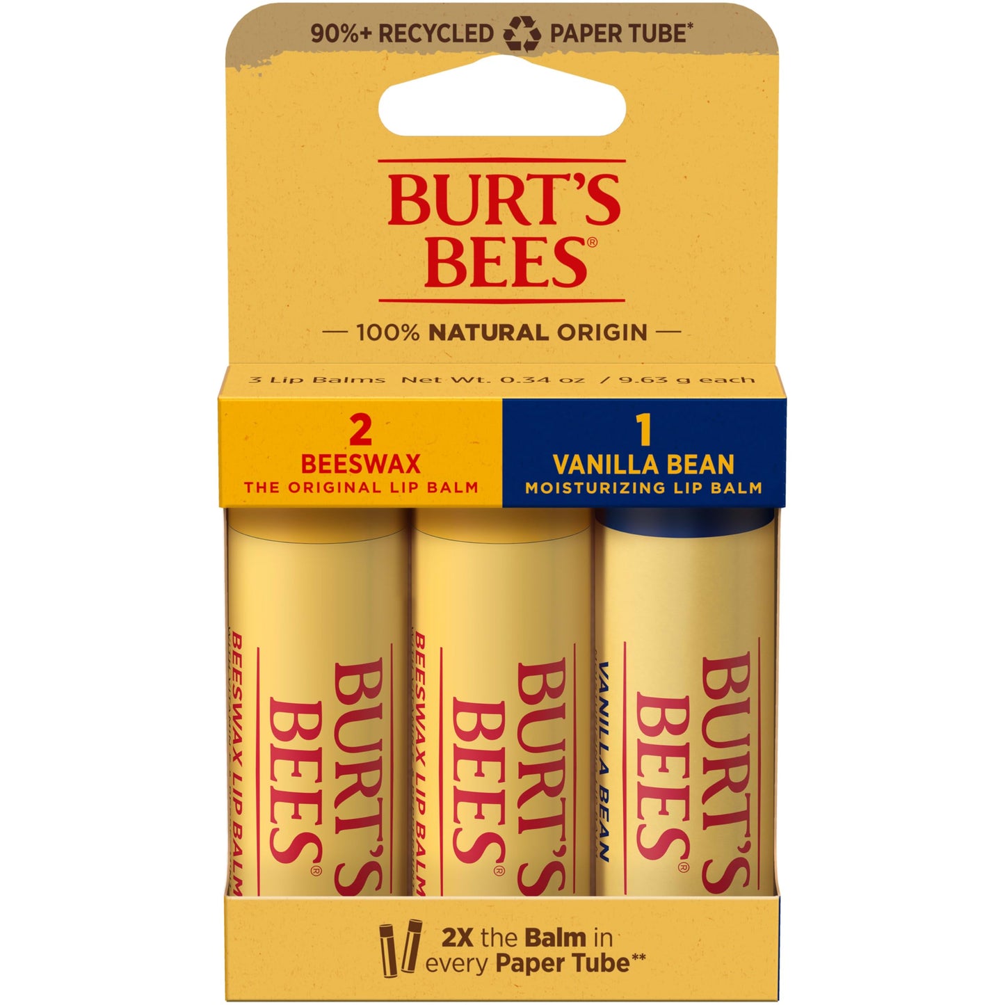 Burt's Bees Moisturizing Lip Balm Pack – Vanilla Bean & Original Beeswax, 0.34 oz Each (3 Paper Tubes)