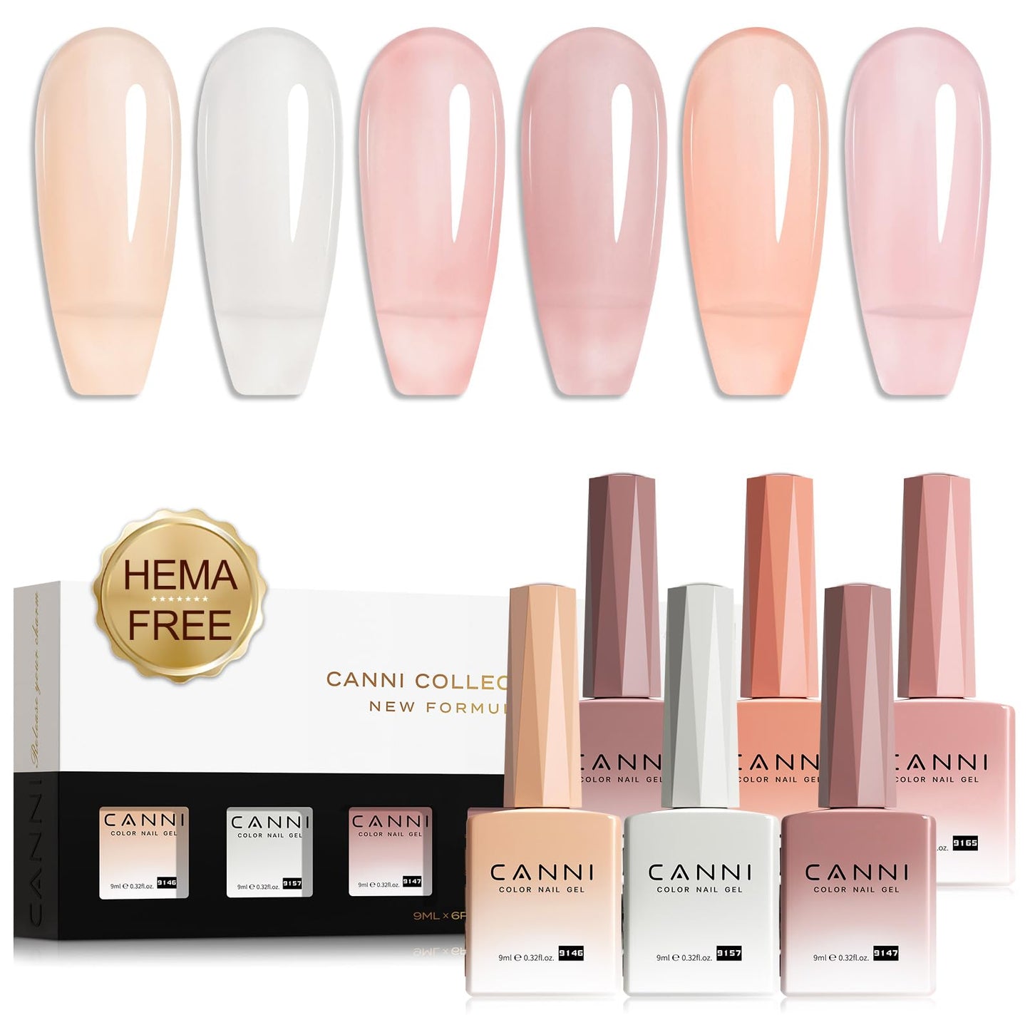 CANNI Jelly Gel Nail Polish Set – 6 Sheer Colors, 9ml Each, HEMA-Free