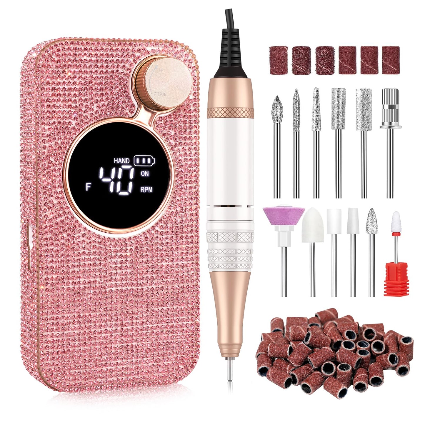 CHRISTINE SHELLY Electric Nail Drill 40000RPM – Cordless Nail File Kit with 12 Bits for Acrylic & Gel Polish (Pink Diamond)