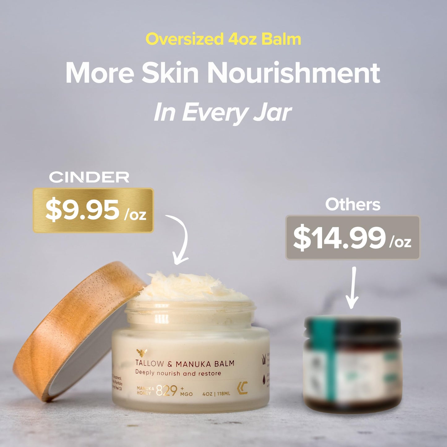Cinder Brands 100% Grass-Fed Suet Beef Tallow & Manuka Honey Balm – Natural Moisturizer for Face & Body