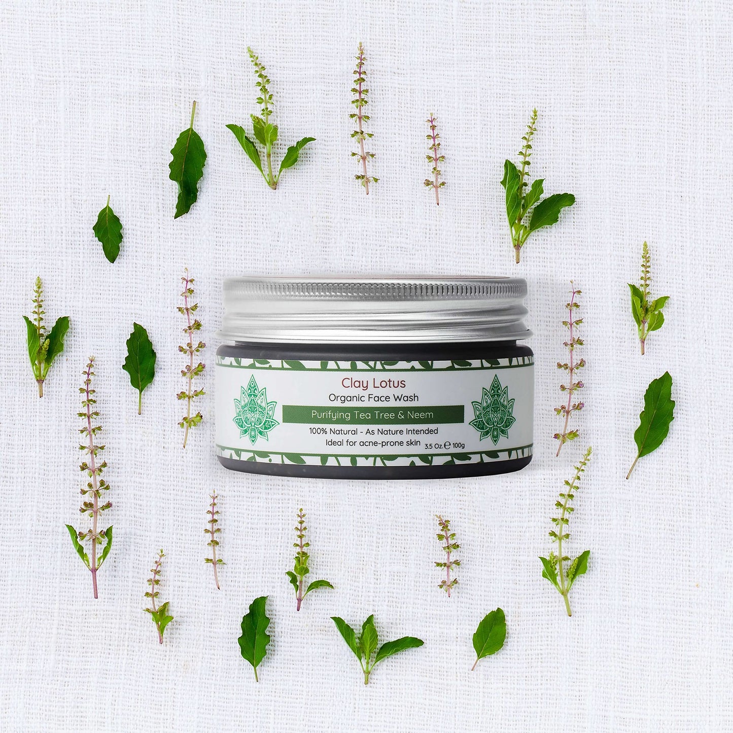 Clay Lotus Organic Face Wash for Acne-Prone, Oily Skin | Tea Tree & Neem | Vegan