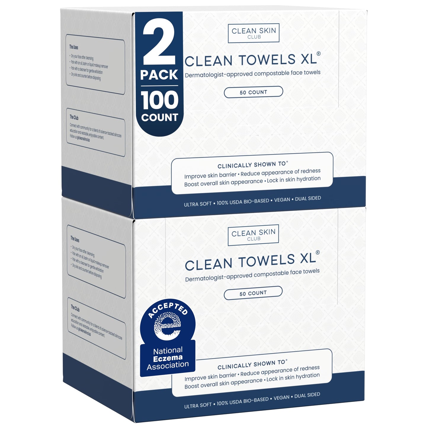 Clean Skin Club Clean Towels XL® – 100% USDA Biobased Disposable Face Towels, 100 Ct (2x50)