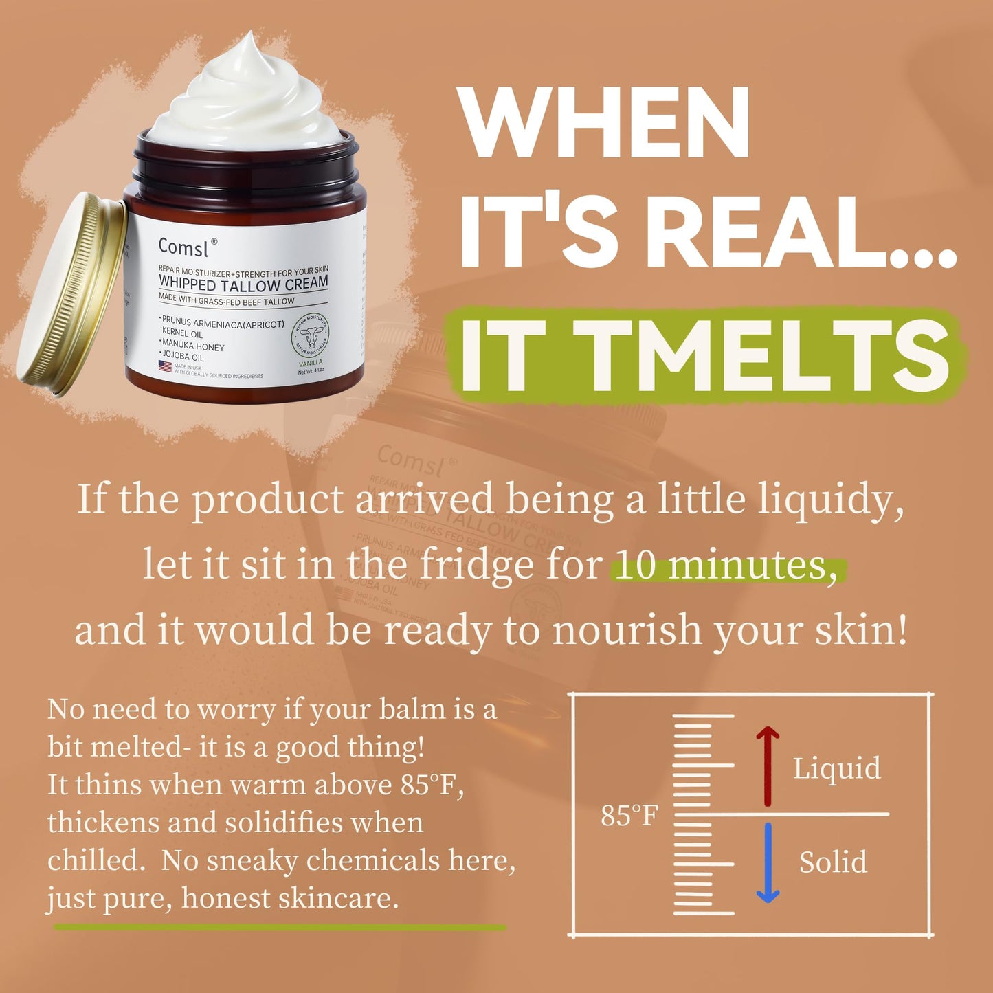comsl Whipped Tallow Honey Cream – Unscented Moisturizer with Grass-Fed Beef Tallow & Raw Honey | US-Made in FL