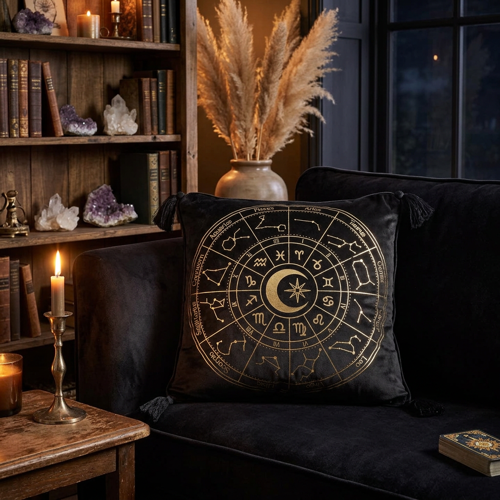 35cm Square Black Astrology Wheel Cushion