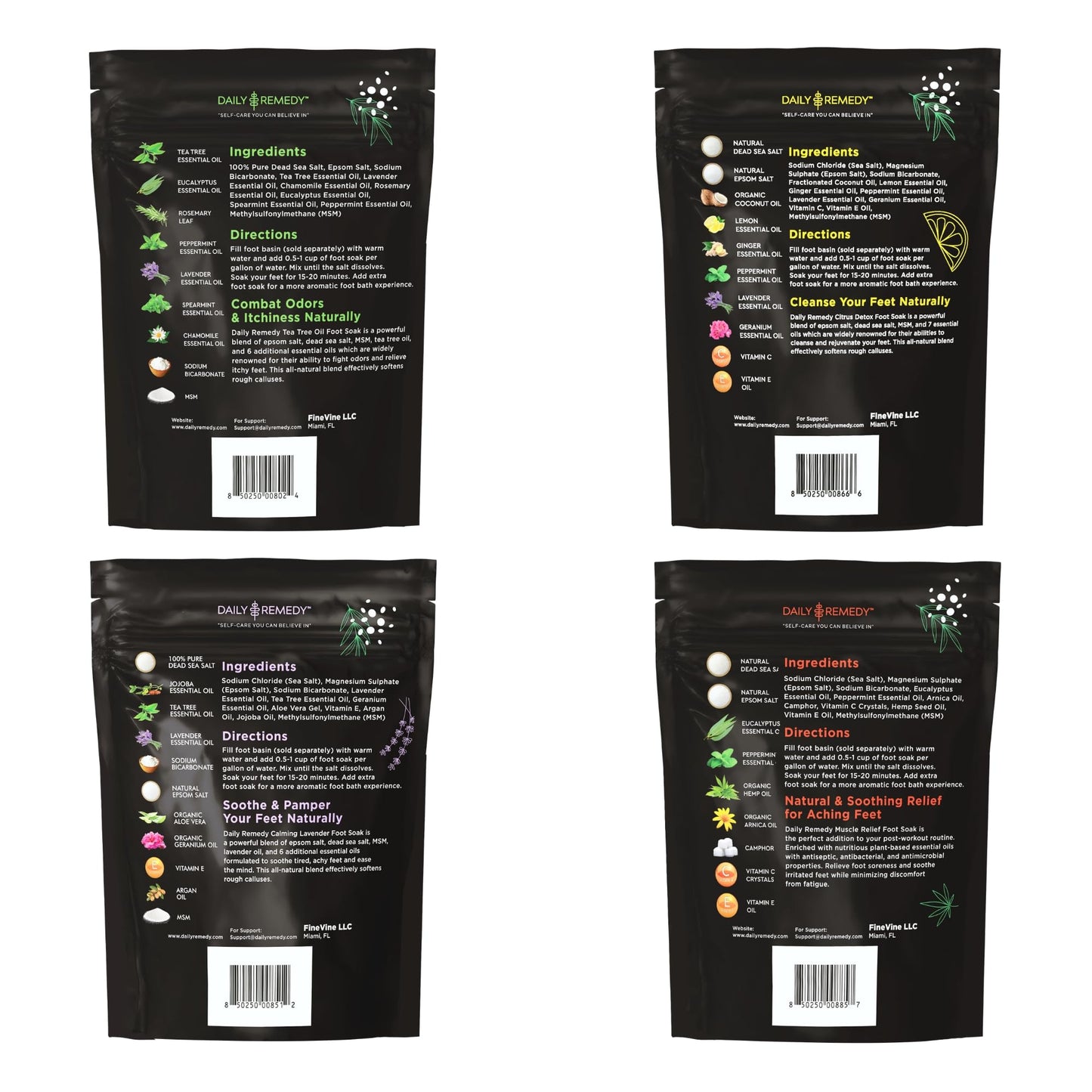 DAILY REMEDY Foot Soak Salts - 4-Pack Variety: Tea Tree, Muscle Relief, Lavender & Citrus | Made in USA