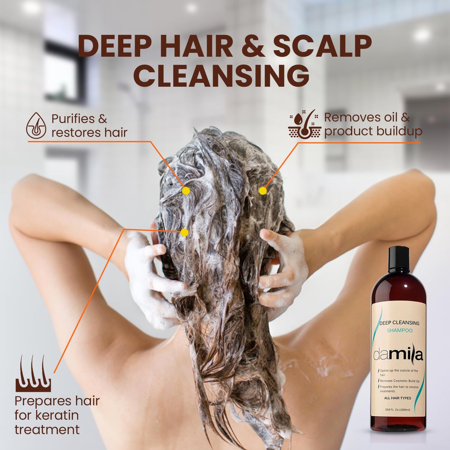 Damila Deep Cleansing Shampoo | Clarifying Shampoo for All Hair Types | Removes Residue & Prep for Keratin Treatment - 16.8 Fl Oz