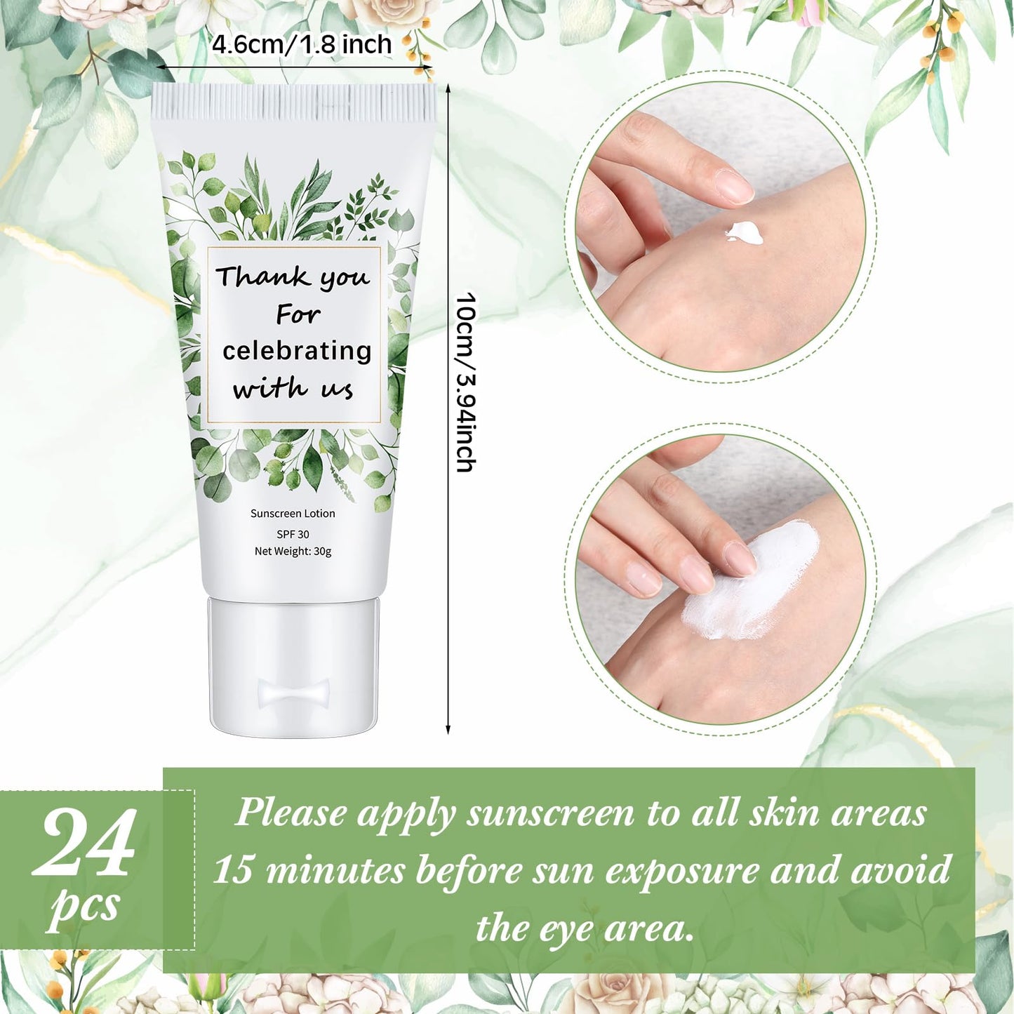 Dansib 24 Pcs Mini Sunscreen Bulk SPF 30 – 1oz Travel Size for Weddings (White Cream, Eucalyptus)