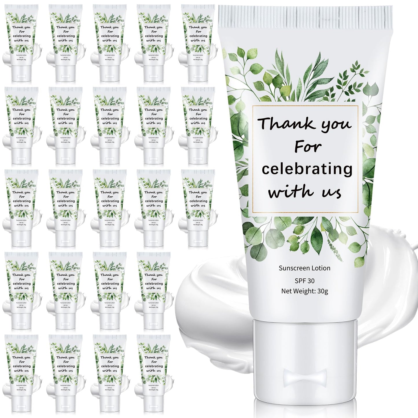 Dansib 24 Pcs Mini Sunscreen Bulk SPF 30 – 1oz Travel Size for Weddings (White Cream, Eucalyptus)