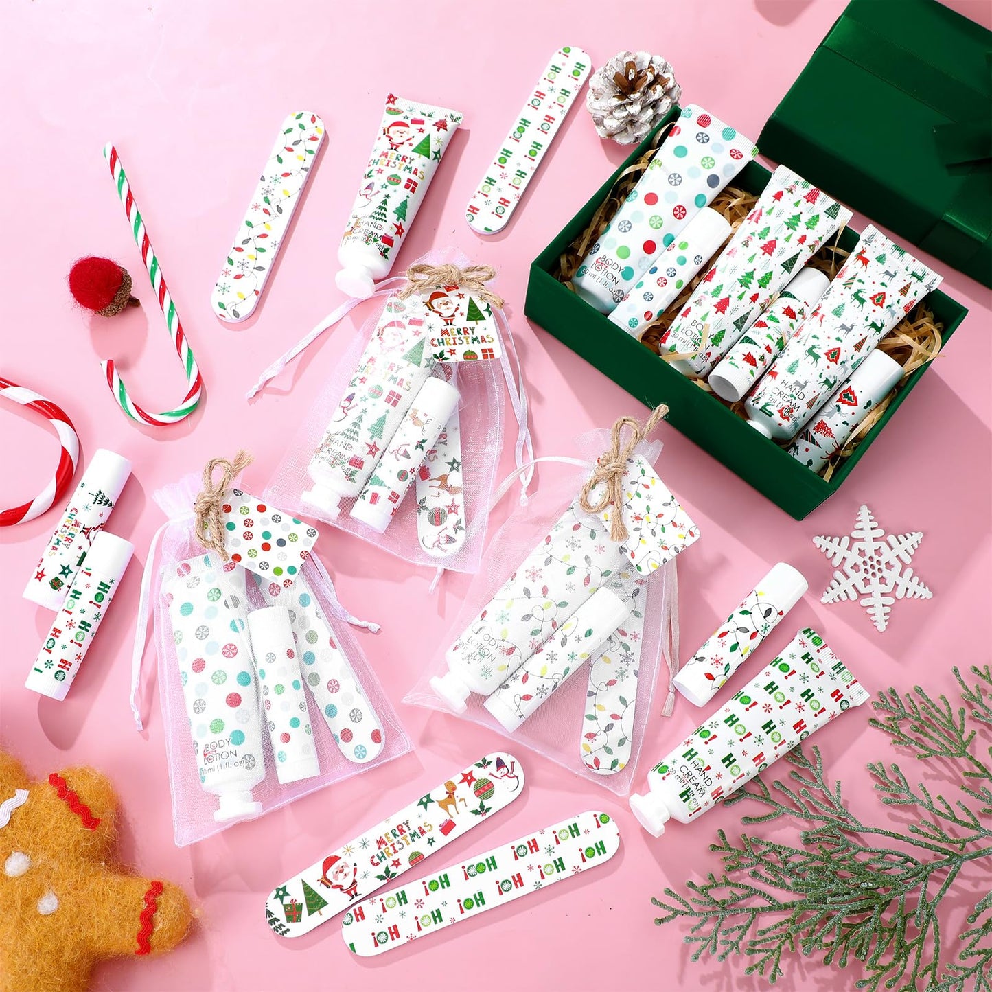 Dansib 24-Set Christmas Gift Favors — Hand Cream, Body Lotion, Lip Balm, Cards & Organza Bags