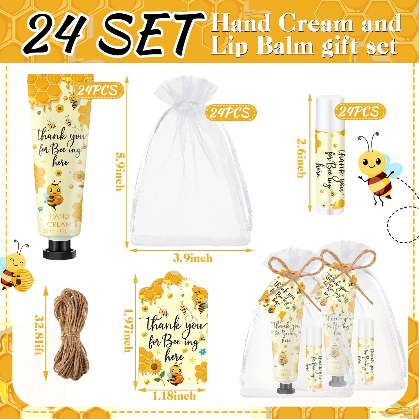 Dansib 24-Pack Honey Hand Cream & Lip Balm Gift Set – Bee Themed Baby Shower Favors