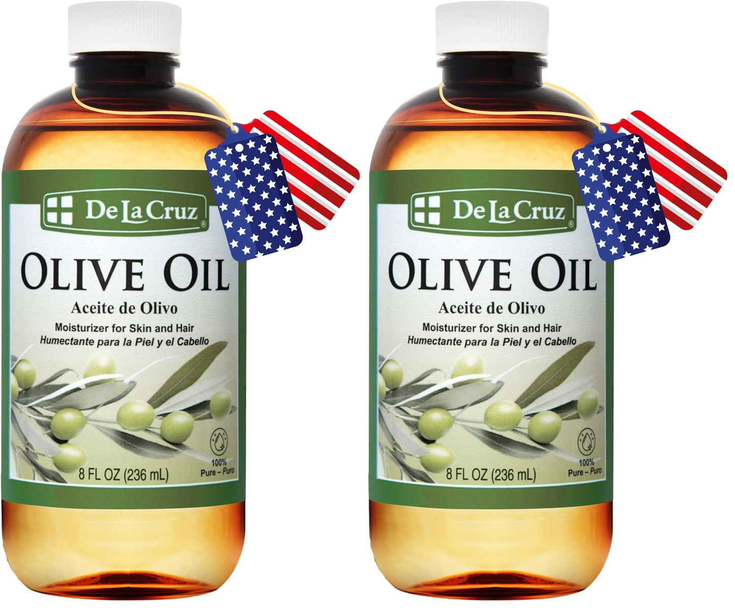 De La Cruz Pure Olive Oil - Expeller Pressed, 8 oz x 2, Hair & Skin Lightweight Oil