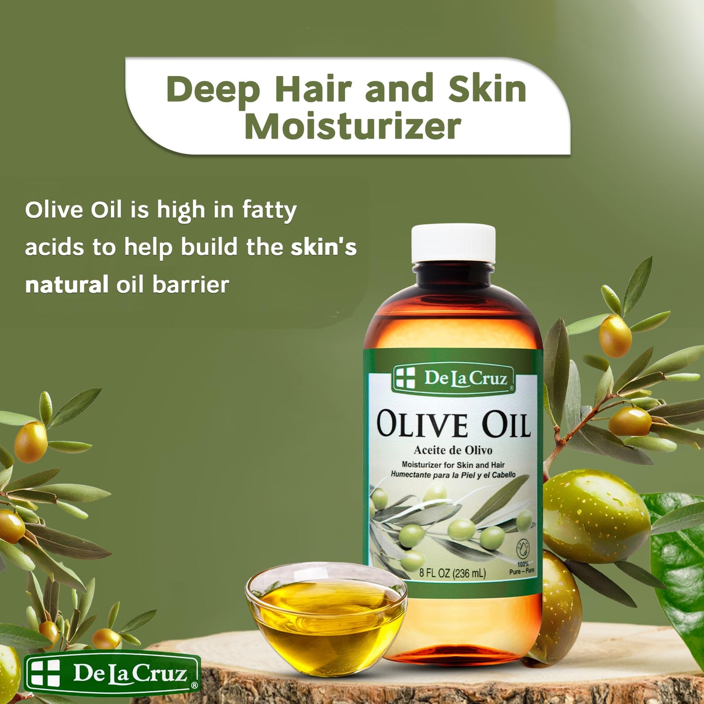 De La Cruz Pure Olive Oil - Expeller Pressed, 8 oz x 2, Hair & Skin Lightweight Oil